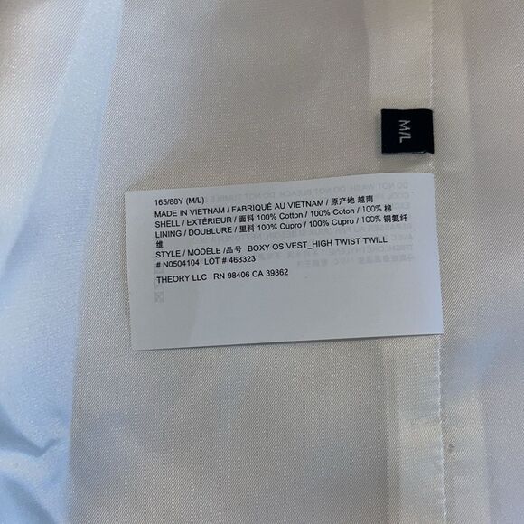 Theory Twill Button Front Vest with Lightly Padded Shoulders M/L NWT $445 - Picture 7 of 7